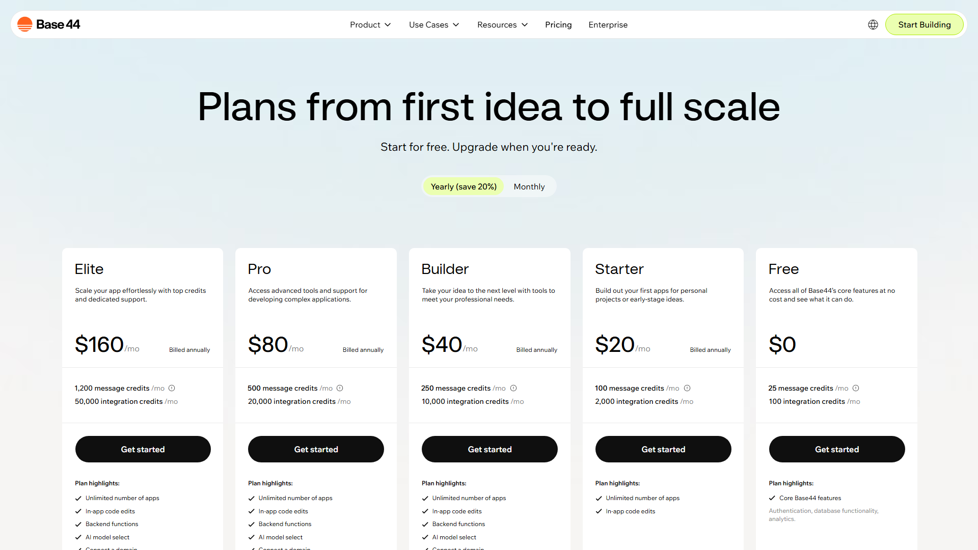 Base44 Pricing Page Screenshot
