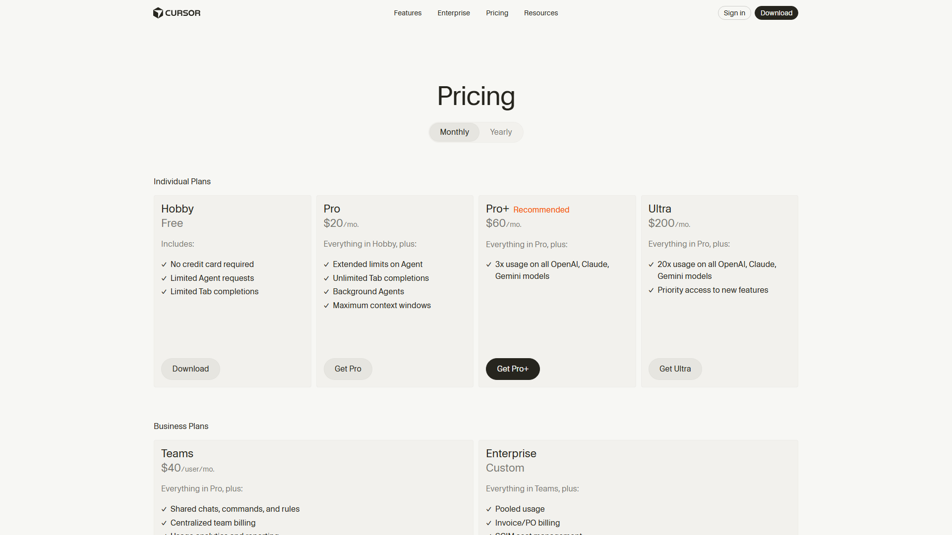 Cursor Pricing Page Screenshot