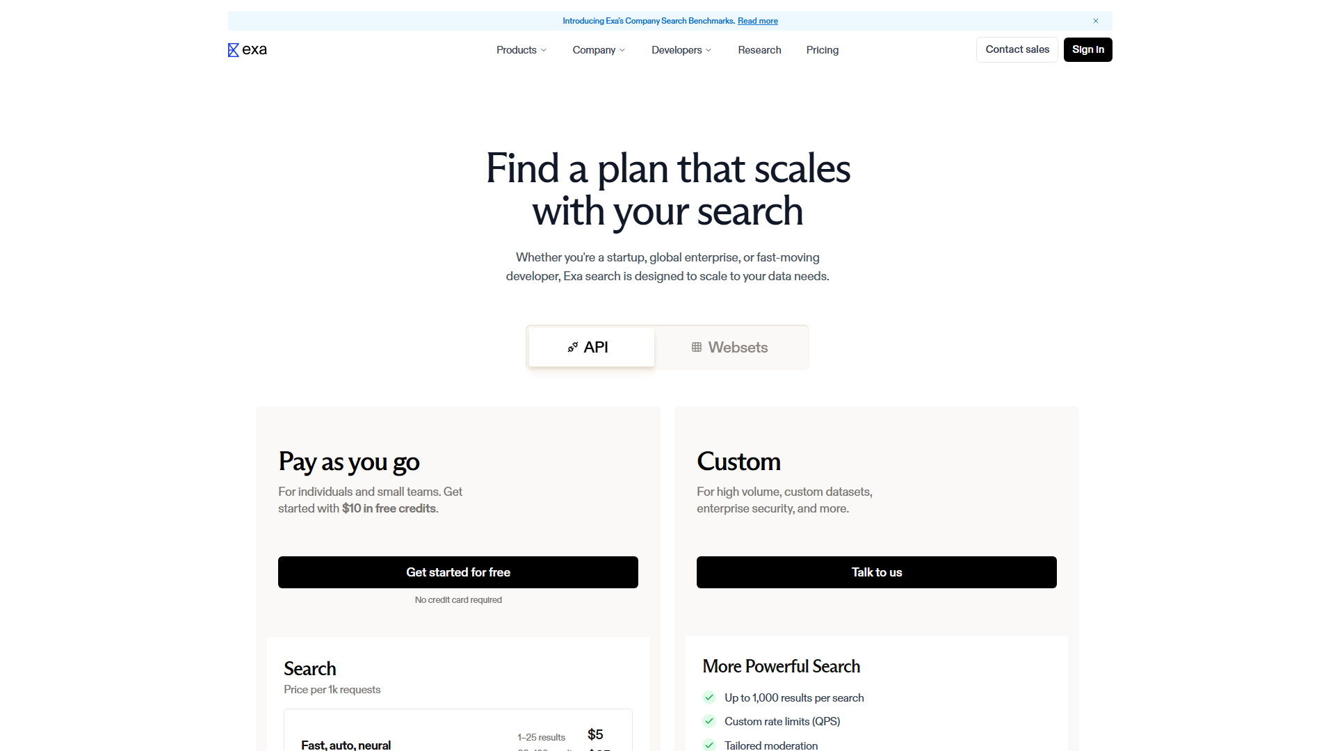 Exa Pricing Page Screenshot