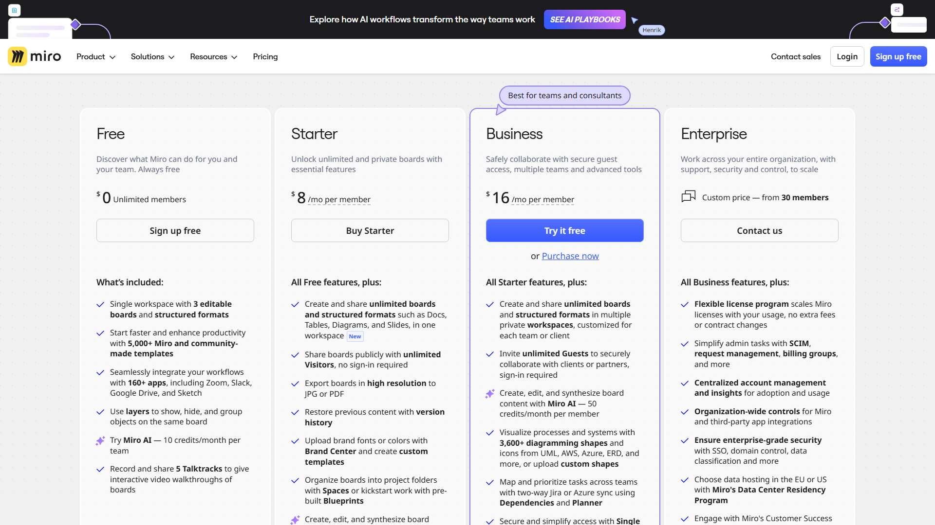 Miro Pricing Page Screenshot