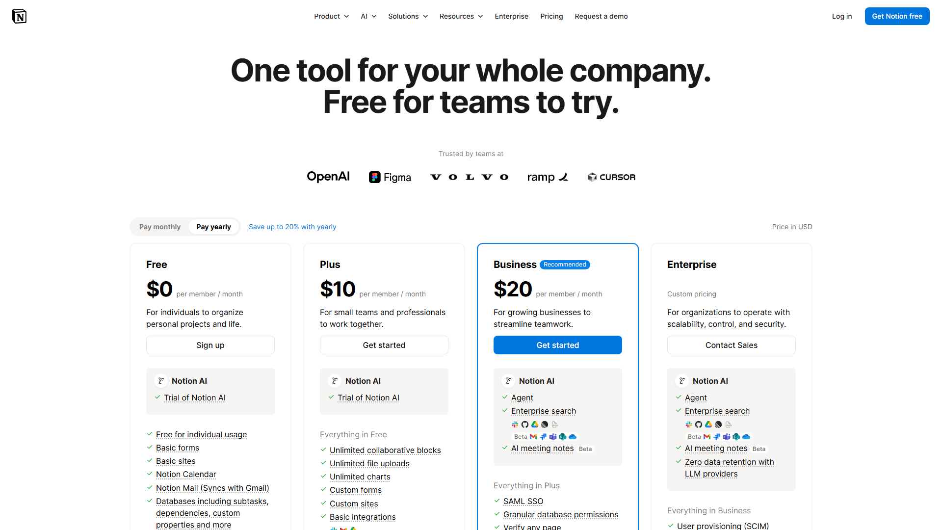 Notion Pricing Page Screenshot
