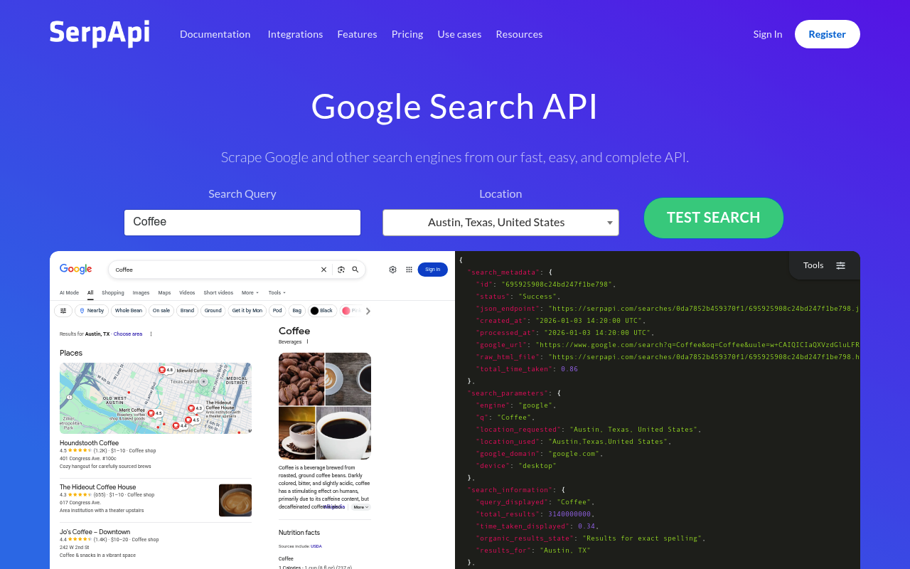 SerpApi homepage screenshot